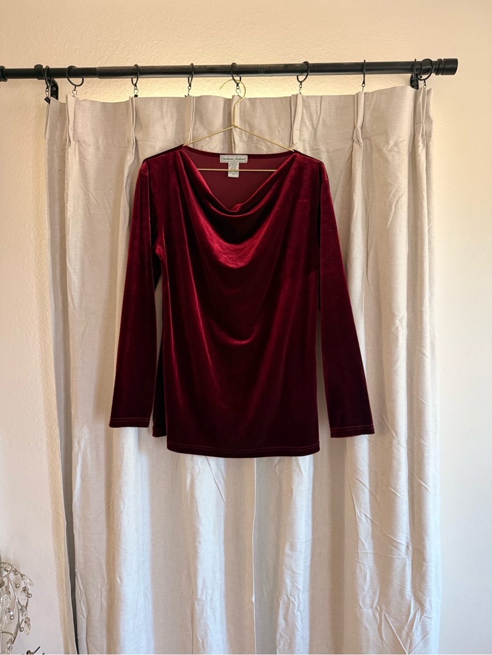 Velvet Cowl Neck Long Sleeve Top - Wine